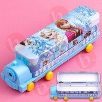 biZyug Train Shape Frozen Pencil Box with sharpener and wheel for girls