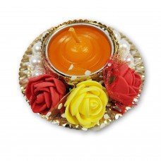 Handmade Floral Pearl Tealight Holder with Multicolour Smokeless Long Lasting Candles (6 Pieces)